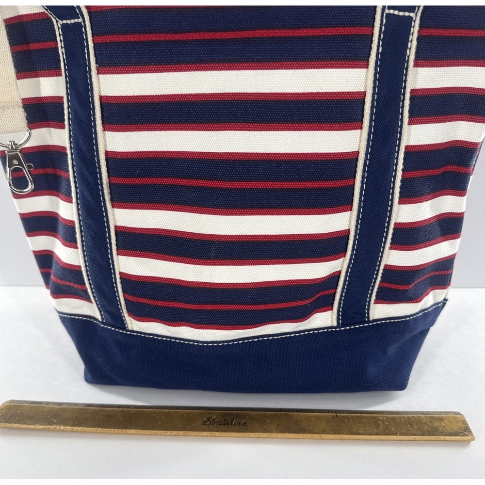 Lands End Canvas Tote Bag Navy Blue Red White Striped Nautical Large Beach Bag - Picture 6 of 10